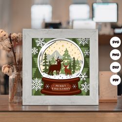 christmas deer snowball shadow box files, paper cut light box template files, 3d papercut light box svg file diy, shadow