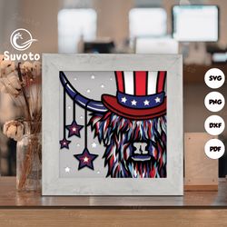 america highland cow shadow box files, paper cut light box template files, 3d papercut light box svg file diy