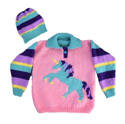 aran knitting pattern for girls 2-12 yrs, unicorn sweater and hat, unicorn jumper, fairy tale sweater, kids knitwear