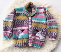 knitting pattern for child's unicorn cardigan 1-7 years, unicorn jacket and hat for boy or girl, double knitting, 8 ply