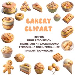 3d baking and sweets clipart bundle, cute bakery graphics in png, food and cooking illustrations, commercial use