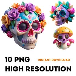cute floral skull png clipart bundle | day of the dead png | halloween clipart | skeleton png