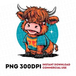 highland cow png, cute highland cow wearing t-shirt design, cow printable, highland cow art, western sublimation