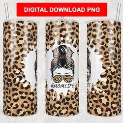 leopard mom life messy bun skinny tumbler design 20 oz straight and tapered sublimation wrap design tumbler png template