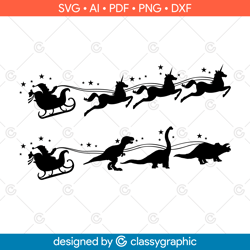 santas sleigh vector dinosaur svg unicorn, santa and his unicorn sleigh ride svg, santa and unicorn svg, christmas kids