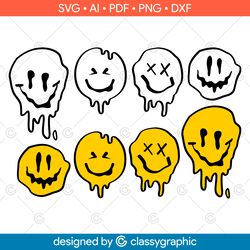 melted smiley svg, smiley face drip digital download cut file, happy face svg, jpg, png, dxf, pdf, silhouette cameo