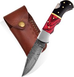 handmade damascus steel pocket knife. bushcraft scout carry knife - knife for camping, hunting with leather sheath