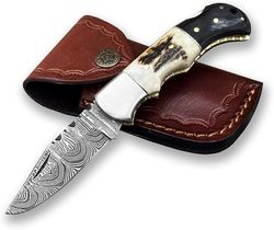 handmade damascus steel pocket knife for men with leather sheath. best gift for men and women