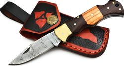 damascus steel folding pocket knife, rosewood handle and brass guard, handmade custom design folding knife, for outdoor