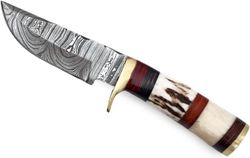 handmade beautiful damascus steel knife, 6" inches fixed blade knife with leather sheath for hunting, camping, outdoor.