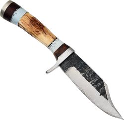 handmade carbon steel 6" knife, free leather sheath, hunting and camping knife, handle made of stag horn & blue rasin