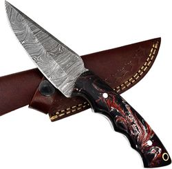 handmade damascus steel full tang knife, 8' inches fixed blade hunting knife with leather sheath