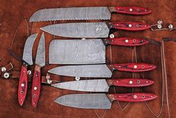 handmade damascus steel blade professional kitchen knives 8 pcs chef kitchen knife set with leather sheath