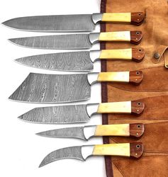 professional handmade damascus kitchen chef knife set with bone handle and damascus steel blade, kitchen knife set