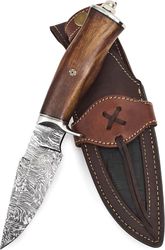 handmade damascus hunting knife - bushcraft fixed blade hunting knife with sheath and walnut wood handle