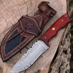 handmade damascus hunting knife with leather sheath 10 inch fixed blade tactical survival belt knife