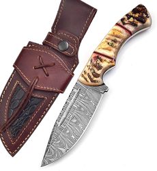 handmade damascus knife for hunting skinning - 9.5 inches damascus steel fixed blade camping knife with leather sheath