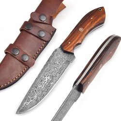 handmade damascus steel hunting bowie knife with leather sheath | 11'' hand forged full tang fixed blade damascus knife