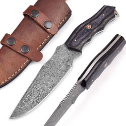 handmade damascus steel hunting skinning knife with leather sheath | 10.5'' hand forged full tang fixed blade knife