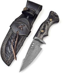 handmade damascus hunting knife with leather sheath belt loop - fixed blade survival knives for men