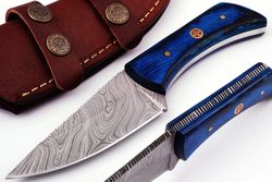 handmade damascus steel hunting knife fixed blade knife 7.5 inches with leather sheath