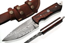 handmade damascus steel hunting knife 8.5 inches fixed blade knife with leather sheath