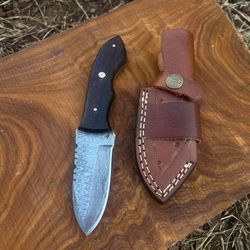 handmade damascus steel hunting skinning knife with leather sheath | 8'' hand forged full tang fixed blade knife