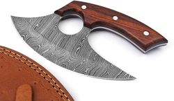 handmade damascus steel ulu knife - fixed blade knife for chopping boning slicing cutting ,solid rose wood handle