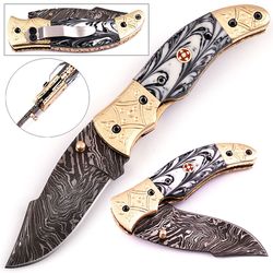 warivo knife - white deer executive series white & black damascus folding knife
