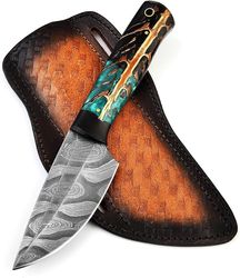 skinner damascus steel 8'in full tang skinner micarta handle' razor sharp blade / survival pocket knife for man