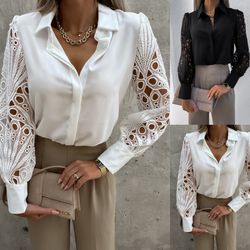 women's solid color lace patchwork shirt