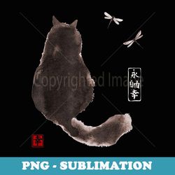 black fluffy cat watching dragonfly t - japanese ink
