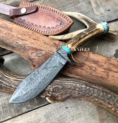 turquoise deer knife for hunting damascus fixed blade with cover