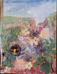 mixed media collage with dried flowers "beaujolais has arrived!"