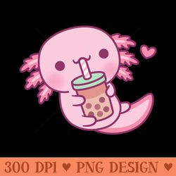cute little axolotl loves bubble tea - png printables