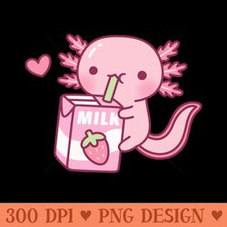 cute axolotl drinking strawberry milk doodle - digital png art