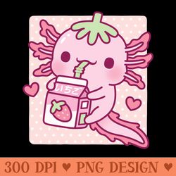 cute axolotl loves japanese strawberry milk - png download collection