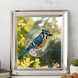 stained glass bluejay, suncatcher, window hanger, bird decor, handcrafted art, nature-inspired design, home accent,