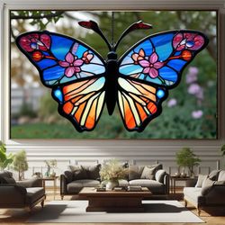 cherry blossom butterfly stained glass,stylized art, broken glass, moon window, mythical decor, handcrafted design,