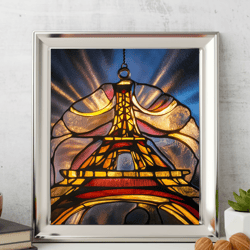 eiffel tower stylized art, stained glass, parisian decor, french charm, architectural motif, handcrafted design,