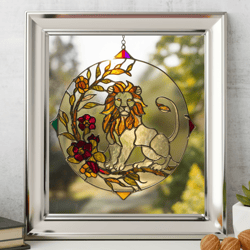stained glass lion, stylized art, broken glass, moon window, mythical decor, handcrafted design, celestial theme,