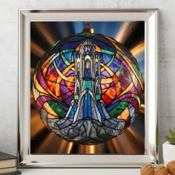 maiden tower stained glass, french charm, architectural motif, handcrafted design, urban artwork