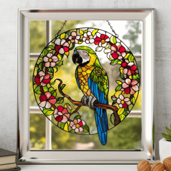 parrot stained glass, stylized art, broken glass, moon window, mythical decor, handcrafted design, celestial theme