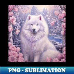 samoyed in snowy floral field - digital sublimation download file