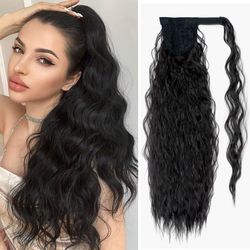 synthetic long straight ponytail wrap around clip-in hair extensions - natural hairpiece fiber - black blonde fake hair
