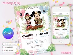 mickey and minnie mouse safari sibling joint birthday invitation, girl and boy, double birthday, mickey mouse