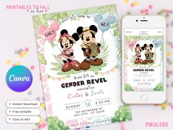 gender reveal invitation mickey and minnie mouse safari template, party invite template, boy or girl invite