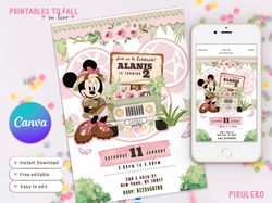minnie safari birthday invitation, minnie safari pink invite, canva editable, minnie pink flower invitation,minnie mouse
