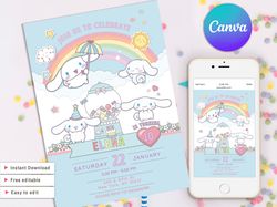 cinnamoroll birthday invitation template, hello kawaii cat invite, kitty party, cinna, kuro, hello kitty little bunny 1