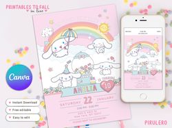 cinnamoroll birthday invitation template, hello kawaii cat invite, kitty party, kuro, hello kitty little bunny pink